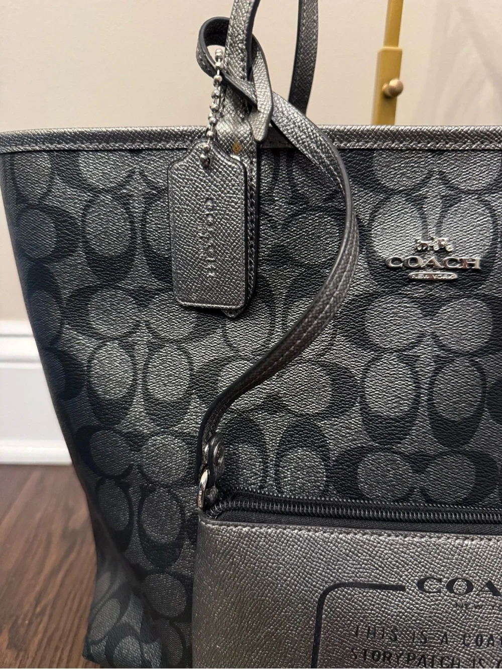 Coach Black Signature Canvas Tote with Metallic Black Pouch - Picture 2 of 10